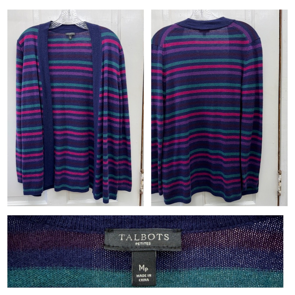 Talbots Womens Medium Wool Blend Open Front Cardigan Jewel Tone Long Sleeve